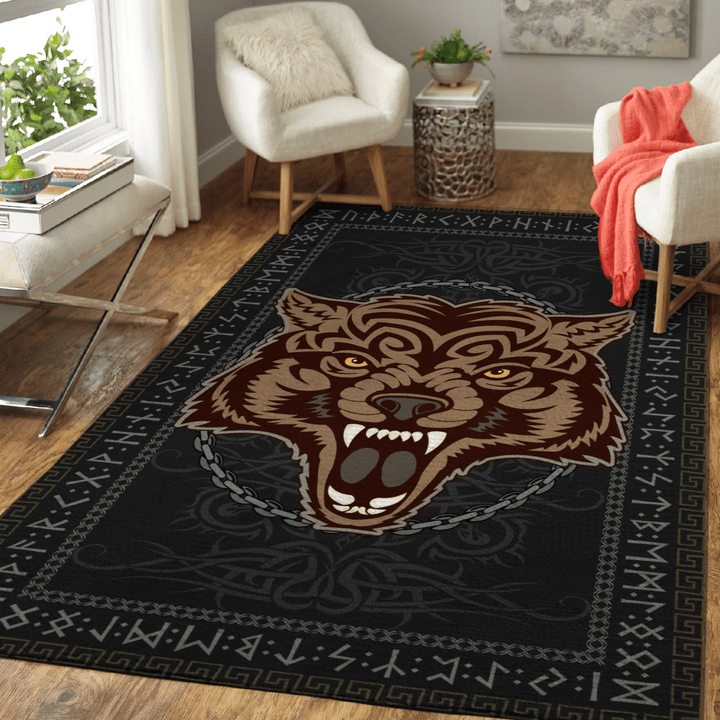 Fenrir Bound by Chains and Sealed by Runic - Viking Area Rug TU