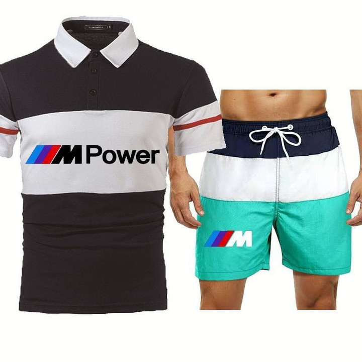 Summer High Quality Cotton Color matching Men's short sleeve+shorts 2-piece set