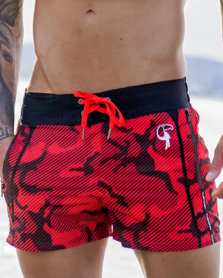 Striped Camo Red Swim Shorts