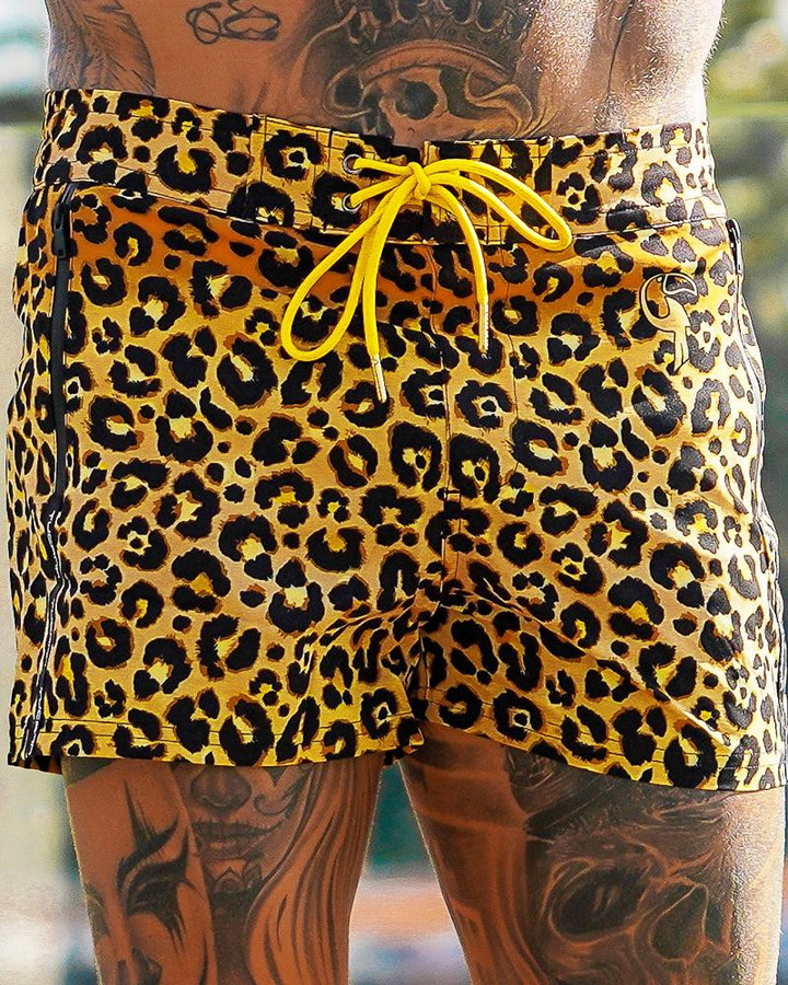 Leopard Print Gold Swim Shorts