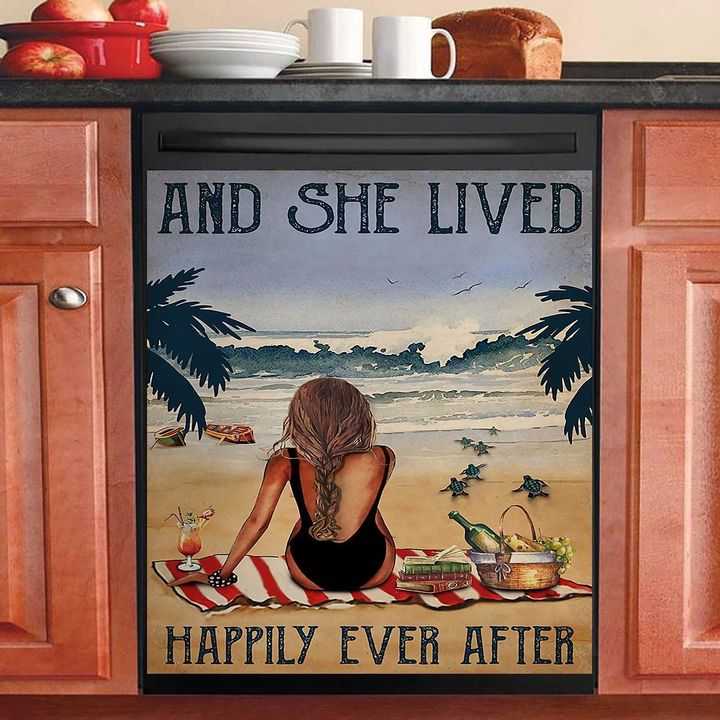 Vintage Beach Lived Happily Sea Turtles Braid Girl NI2801098YB Decor Kitchen Dishwasher Cover