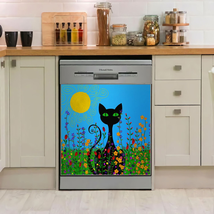 Black Cat In Flowers TH2310551CL Decor Kitchen Dishwasher Cover