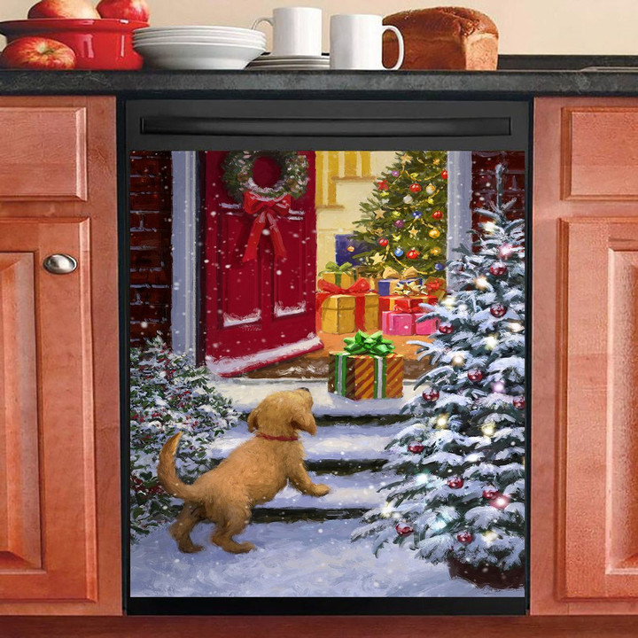 Little Golden Dog At Christmas Door NI0412066KL Decor Kitchen Dishwasher Cover