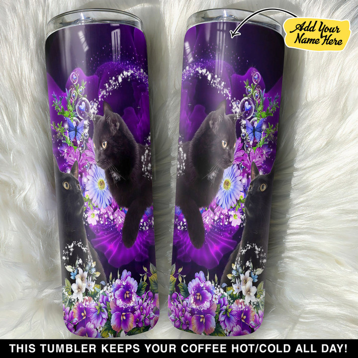 Personalized Black Cat Gorgeous Purple Flowers GS0804296OD Skinny Tumbler