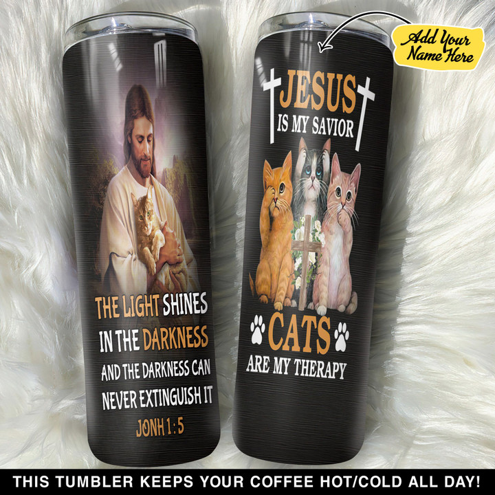 Personalized Cat Cross Jesus Is My Savior Cats Are My Therapy GS0804428OD Skinny Tumbler