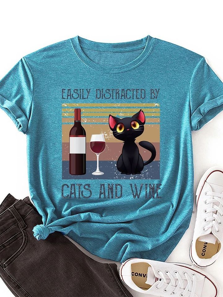 Easily Distracted By Cats And Wine Graphic YW1309246CL T-Shirt