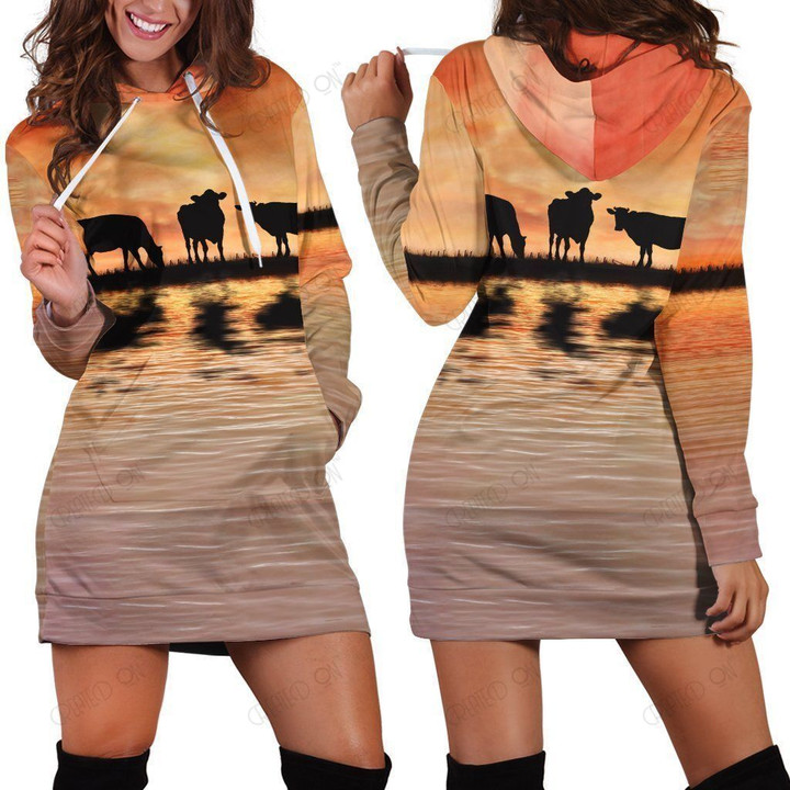 Sunset and Cow Hoodie Dress