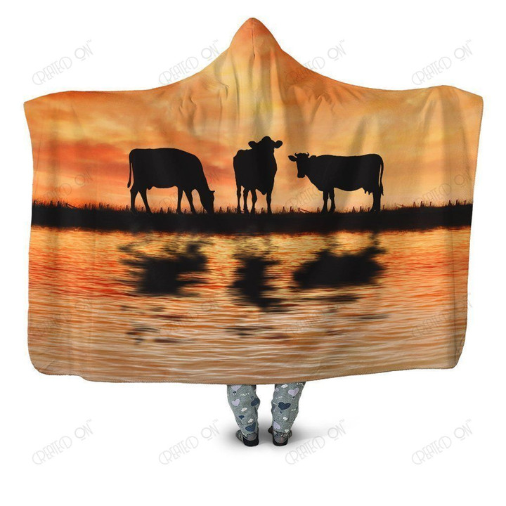 Sunset and Cow Hoodie Blanket