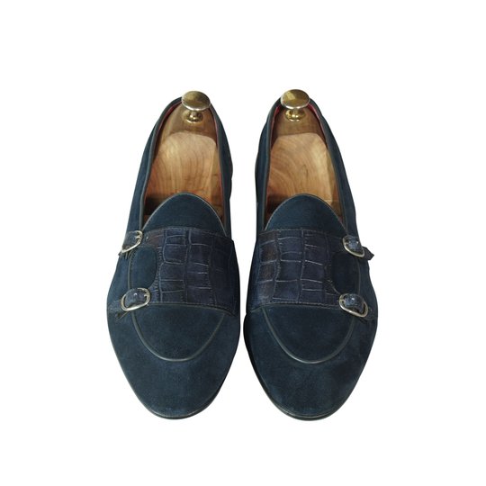 Navy Alligator Pattern Mixed Suede Monkstrap Loafer