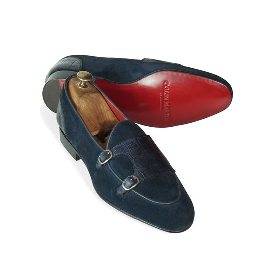 Navy Alligator Pattern Mixed Suede Monkstrap Loafer
