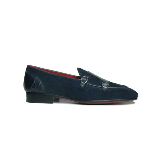 Navy Alligator Pattern Mixed Suede Monkstrap Loafer