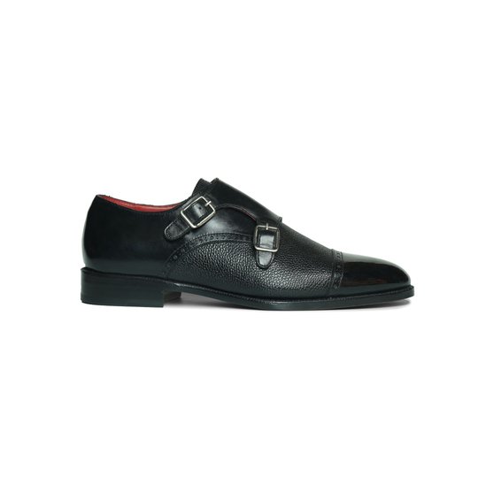 Black Mixed Grain Leather Double Monkstrap