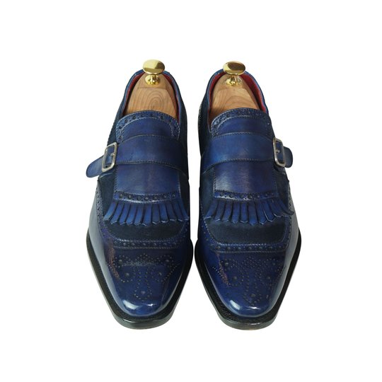 Navy Mixed Suede Kiltie Loafer With Brogue