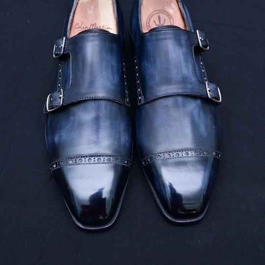 Navy Patina Double Monkstraps With Brogue