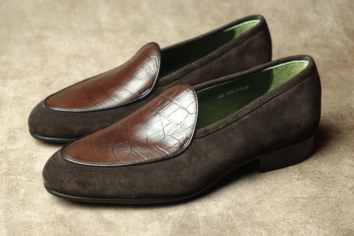 Brown Alligator Pattern Belgian Loafer With Suede