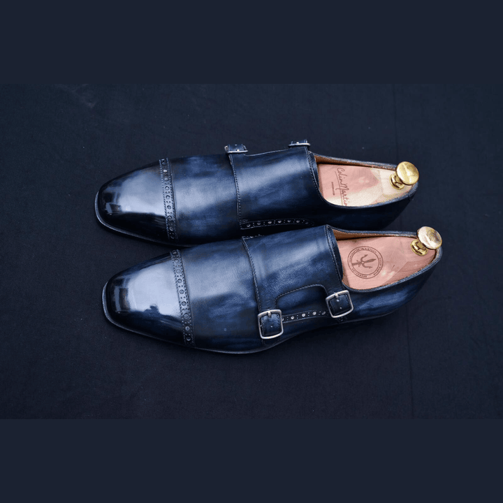 Navy Patina Double Monkstraps With Brogue