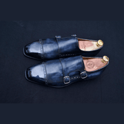 Navy Patina Double Monkstraps With Brogue