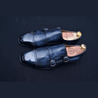 Navy Patina Double Monkstraps With Brogue