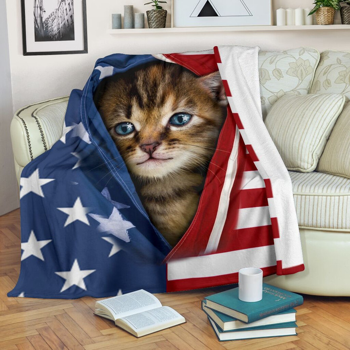 Kitten Opened American Flag Independence Day Sherpa Fleece Blanket Gift For Cat Lover Sherpa Fleece Blanket