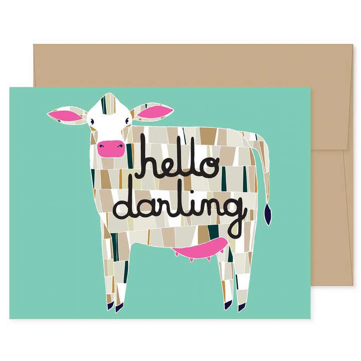 Cute Cow Happy Face Hello Darling Turquoise Background Folder Greeting Card Set Of 10