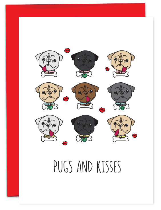 Cute Pugs And Kisses Folder Greeting Card Set Of 10