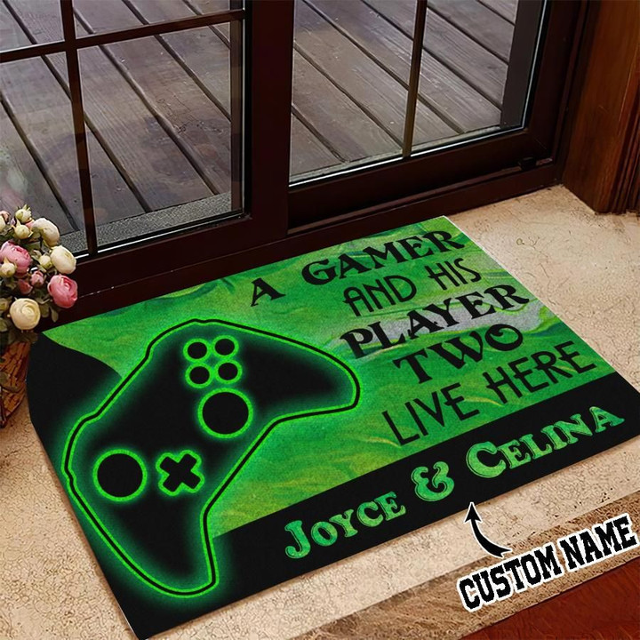 Custom Name Green Design A Gamer And His Player Live Here Doormat Home Decor