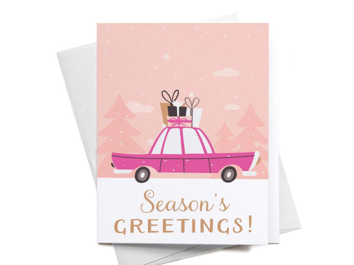 Season's Greetings Vintage Car And Gifts Folder Greeting Card Set Of 10