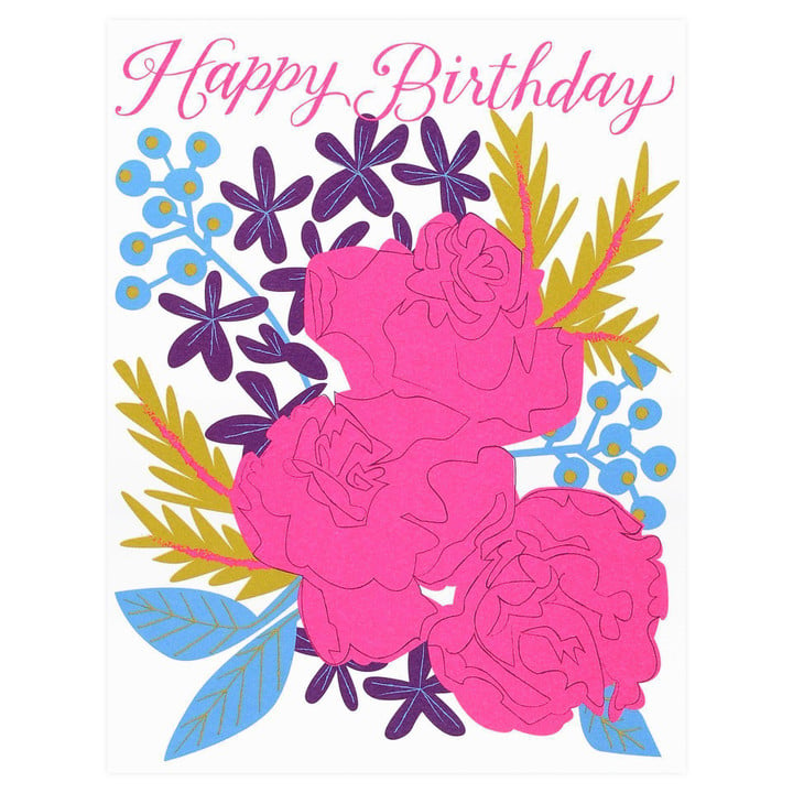 Lovely Flower Neon Pink Bouquet Roses Folder Greeting Card Set Of 10