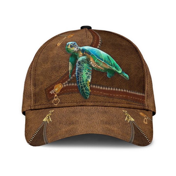 Green Turquoise Turtle Zipper Leather Pattern Printing Baseball Cap Hat