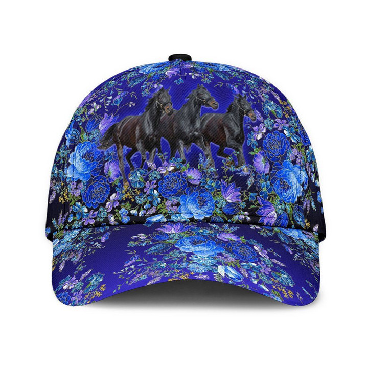 Black Horse Group In Blue Flower Garden Printing Baseball Cap Hat