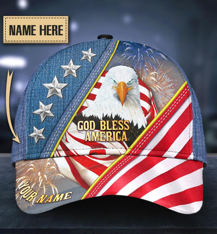 Custom Name Printing Baseball Cap Hat God Bless America Independence Day Eagle Flag