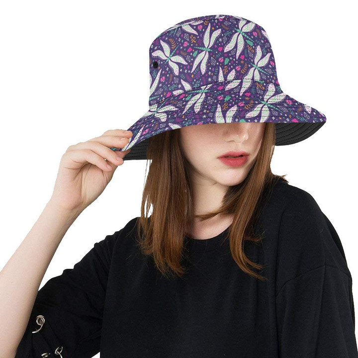 Cute Dragonfly Pattern Purple Background Unisex Bucket Hat