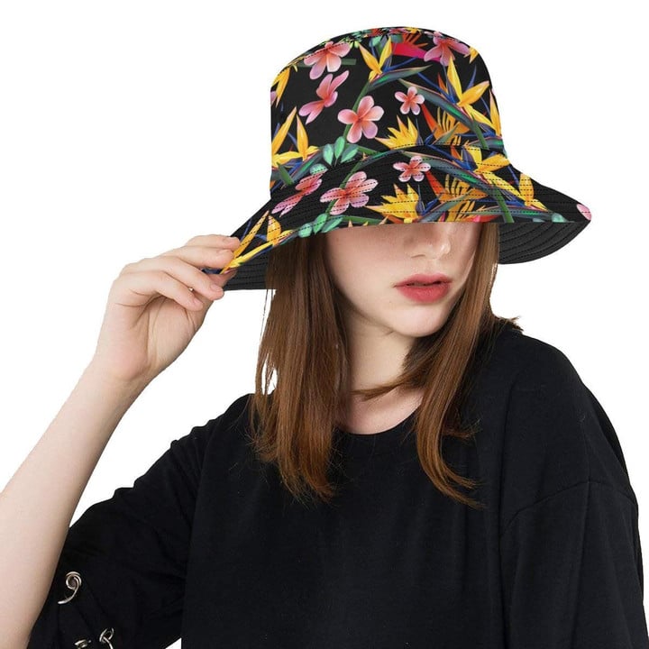 Colorful Tropical Flower Black Background Pattern Unisex Bucket Hat