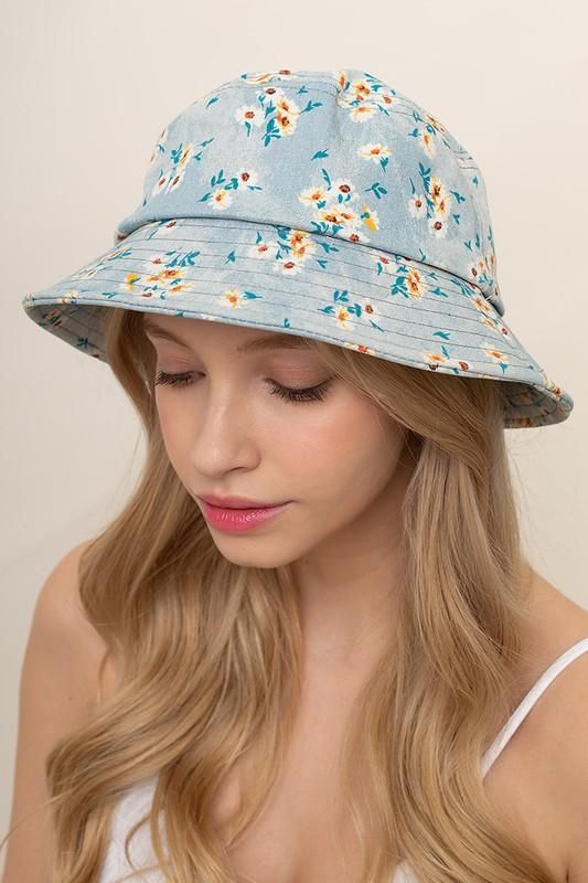 Floral Print Light Denim Cotton Unisex Bucket Hat