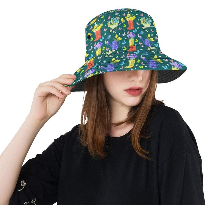 Multicolor Gardening Pattern Print Design Dark Green Background Unisex Bucket Hat