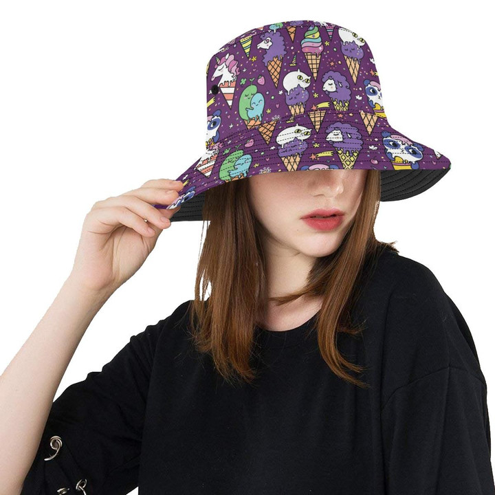 Ice Cream Pattern Purple Background Unisex Bucket Hat