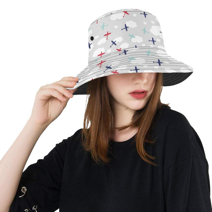 Red And Blue Airplane In Nice Sky Grey Theme Unisex Bucket Hat