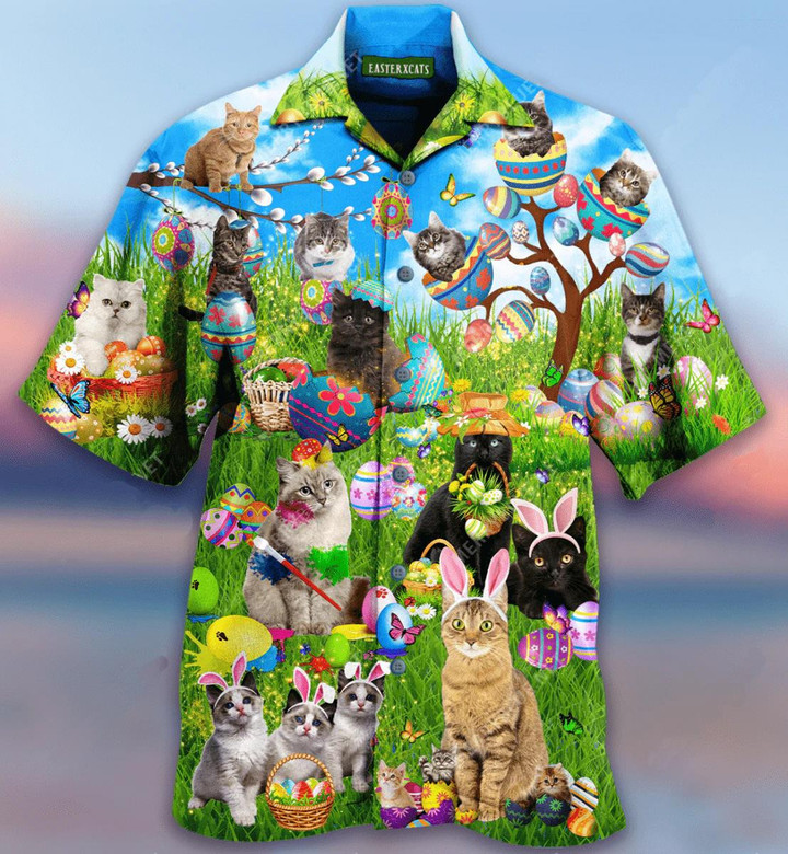 Beach Shirt Funny Cat Happy Easter 3D Hawaiian Shirt