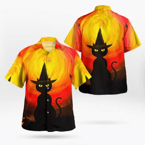 Wizard Black Cat Halloween Beach Summer 3D Hawaiian Shirt