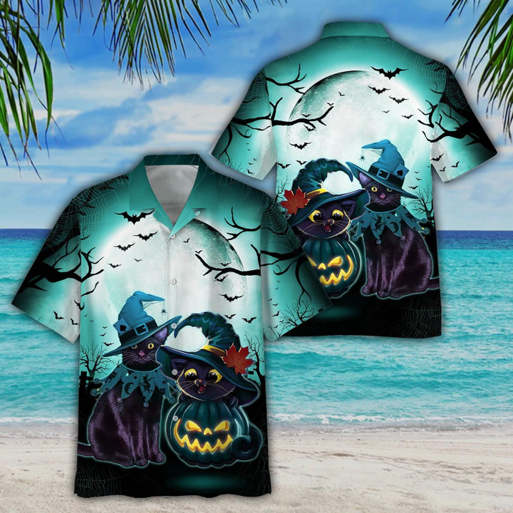 Black Cat Halloween Beach Summer 3D Hawaiian Shirt