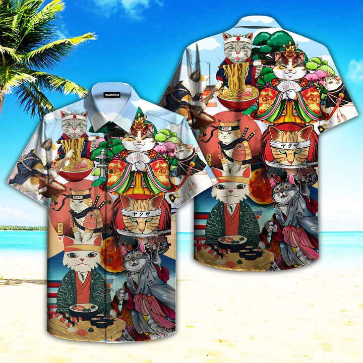 Japanese Neko Cat Beach Summer 3D Hawaiian Shirt