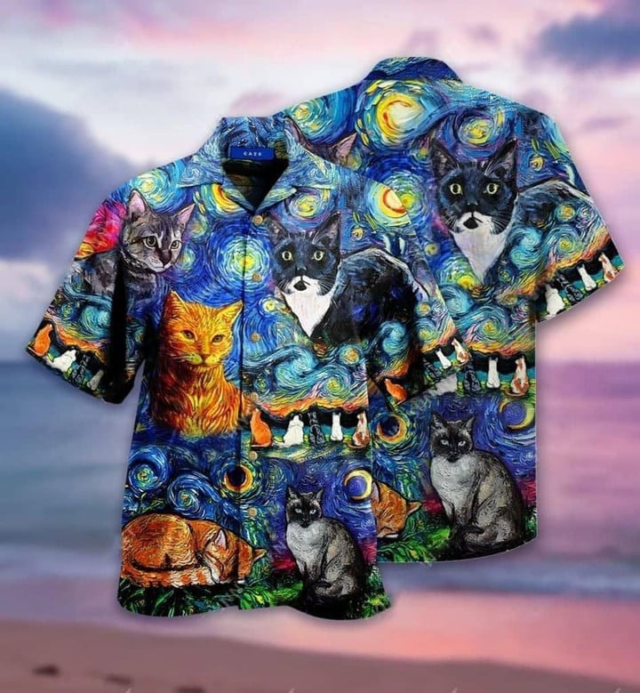 Beach Shirt Amazing Starry Night Cat Hawaiian Aloha Shirts 3D Hawaiian Shirt