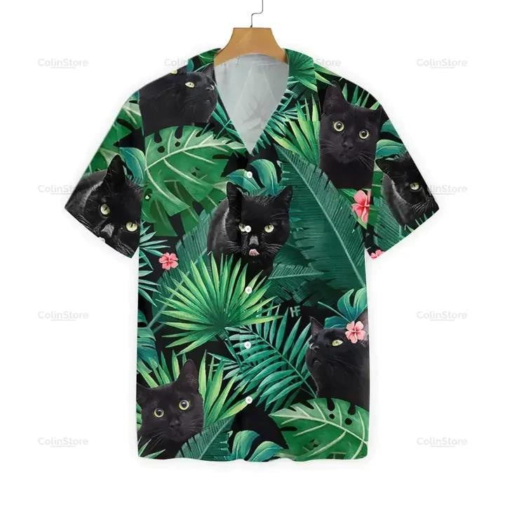 Black Cat Tropical Green Leafs Beach Summer 3D Hawaiian Shirt
