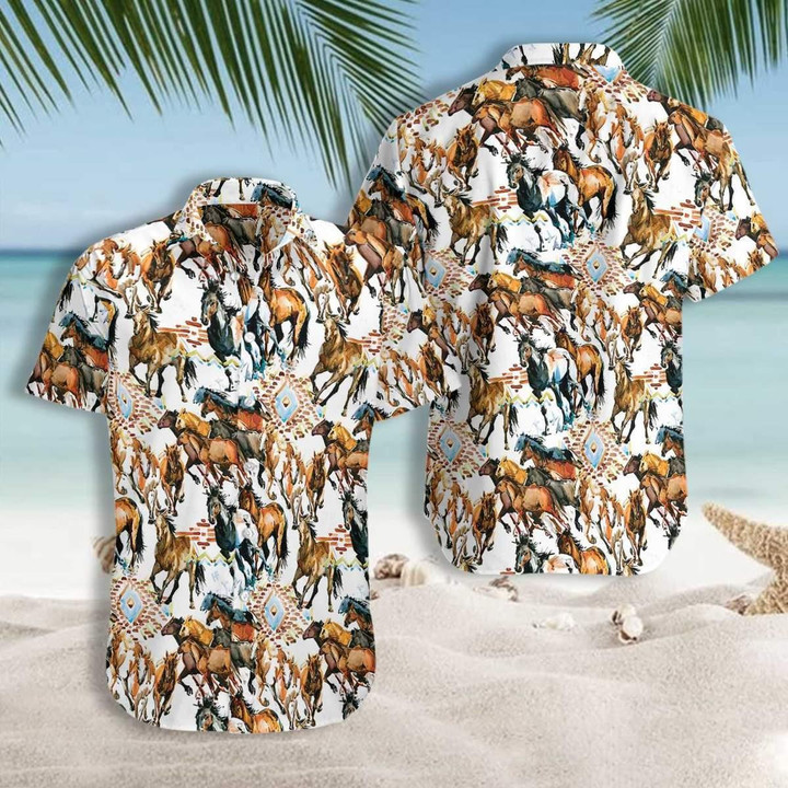 Running Wild Horse With Tribal Texture Beach Summer 3D Hawaiian Shirt