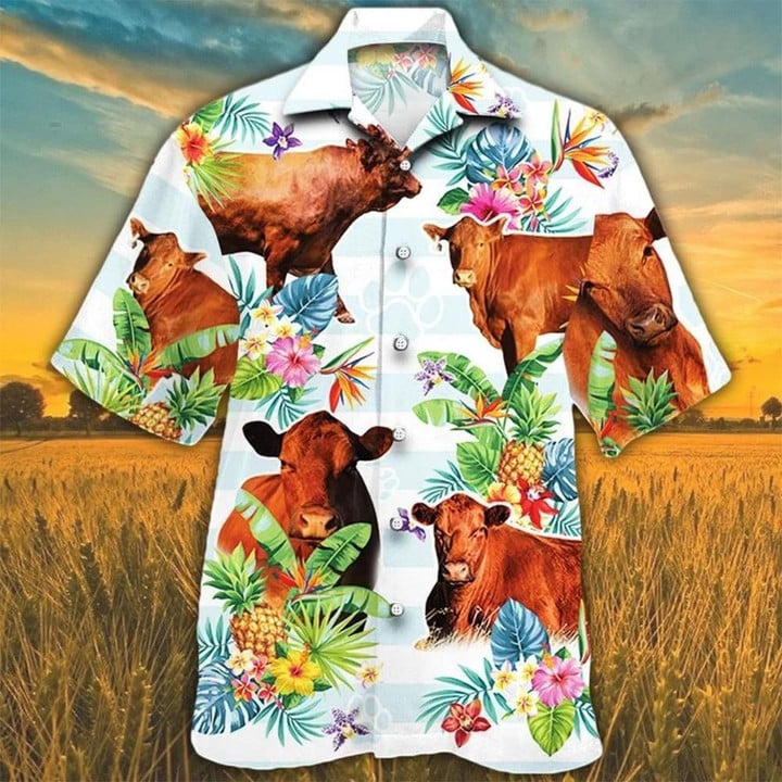 Red Angus Cattle Lovers Tropical Flower Beach Summer 3D Hawaiian Shirt