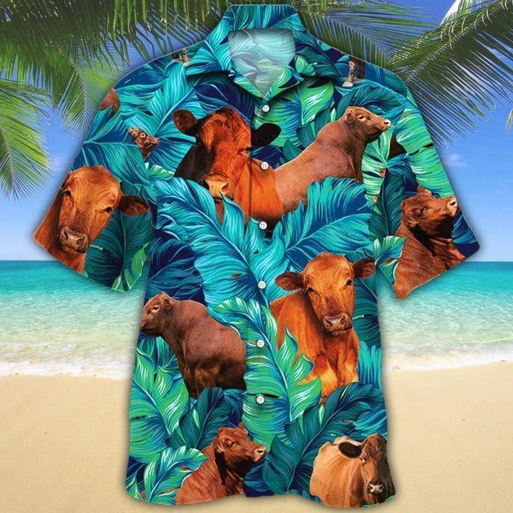Red Angus Cow Hawaii Shirt Green,Cattle Lovers Beach Summer 3D Hawaiian Shirt