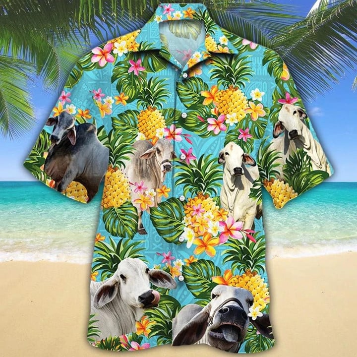 Men Brahman Cattle Green Beach Summer 3D Hawaiian Shirt