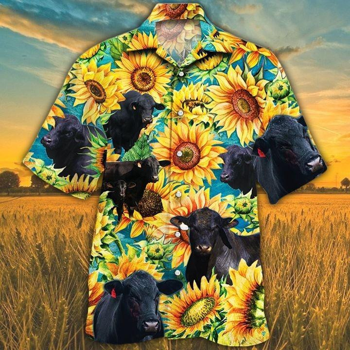 Men Brangus Cattle Hawaii Shirt Yellow Sunflower, Cattle Lovers Beach Summer 3D Hawaiian Shirt