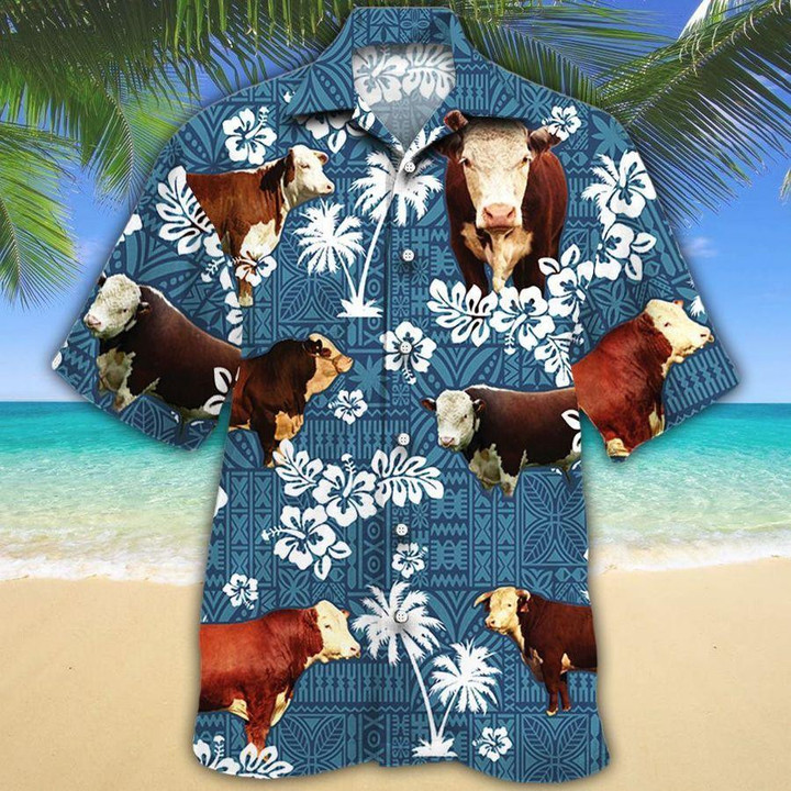 Hereford cattle Blue Tribal Beach Summer 3D Hawaiian Shirt