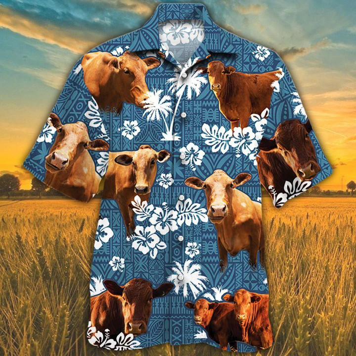 Beefmaster Cattle Lovers Blue Tribal Pattern Beach Summer 3D Hawaiian Shirt